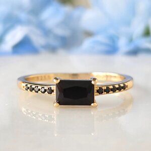 Dainty Gold Ring with Black Gemstone, 925 Sterling Silver, 10k Gold Finish